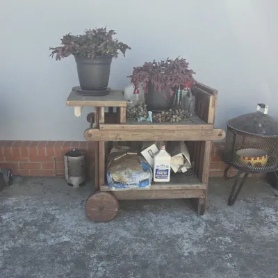 Sale Photo Thumbnail #397: Rustic wooden garden potting bench cart with wheels