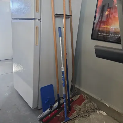Sale Photo Thumbnail #268: Assorted janitorial cleaning tools and refrigerator