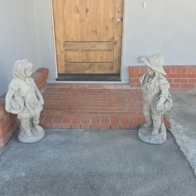 Sale Photo Thumbnail #491: Vintage concrete boy and girl garden statues with basket and bonnet