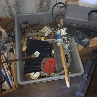 Sale Photo Thumbnail #512: Assorted vintage hand tools and garage hardware with dayco v belt