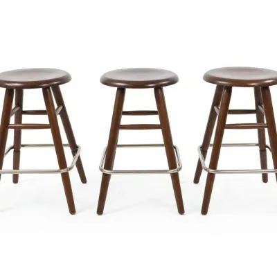 Sale Photo Thumbnail #477: Set of vintage oak bar stools with metal footrest
