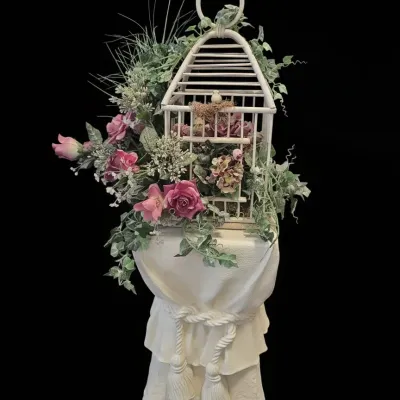 Sale Photo Thumbnail #339: White wire birdcage with faux florals and pedestal