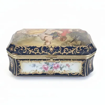 Sale Photo Thumbnail #401: Sevres style cobalt blue porcelain hinged trinket box