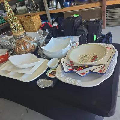 Sale Photo Thumbnail #192: Assorted kitchenware lot with themed plates and serving pieces