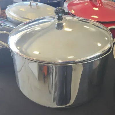 Sale Photo Thumbnail #256: Vintage stainless steel stock pot with black knob second image