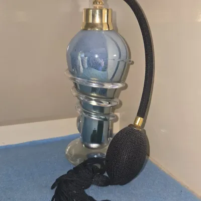 Sale Photo Thumbnail #241: Vintage blue iridescent glass perfume atomizer with spiral detail