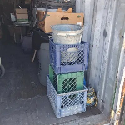 Sale Photo Thumbnail #508: Assorted plastic milk crates and galvanized pail