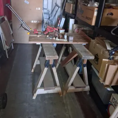 Sale Photo Thumbnail #540: Vintage heavy duty woodworking sawhorse workbench