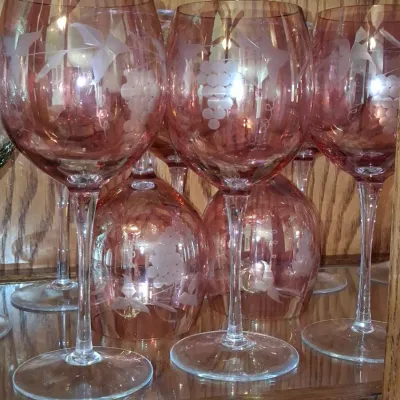 Sale Photo Thumbnail #329: Vintage cranberry etched grapevine wine goblets