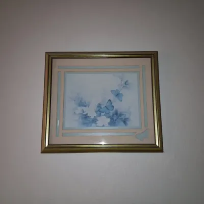 Sale Photo Thumbnail #150: S vintage framed print of blue butterflies and pink florals