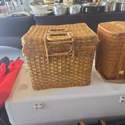 Sale Photo Thumbnail #336: Vintage wicker picnic basket with accessories