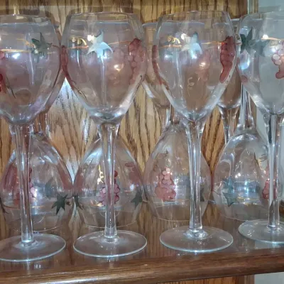 Sale Photo Thumbnail #252: Vintage hand painted grape motif wine glasses