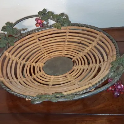 Sale Photo Thumbnail #172: Vintage rattan and cast metal grape motif serving basket