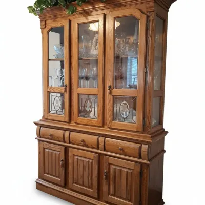 Sale Photo Thumbnail #476: Richardson bros of wi oak china cabinet with leaded glass accents xx