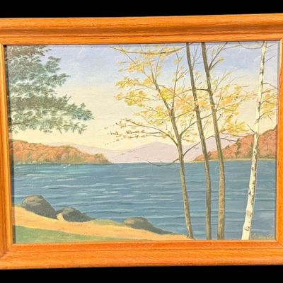Sale Photo Thumbnail #2: Signed Framed Lakeside Autumn Landscape Painting