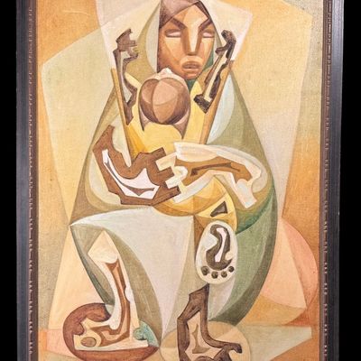 Sale Photo Thumbnail #61: Signed Cubist Mother & Child Painting ('El