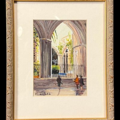 Sale Photo Thumbnail #35: Signed Cortes Cloister Courtyard Painting