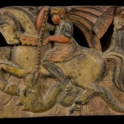 Sale Photo Thumbnail #137: Antique Carved Saint George & the Dragon Panel