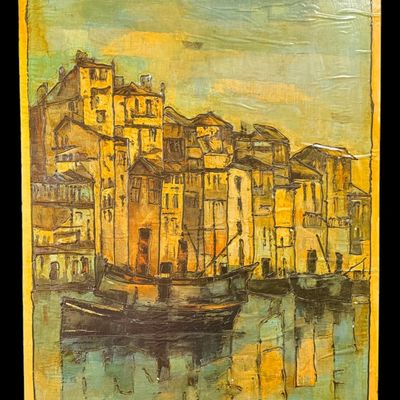 Sale Photo Thumbnail #60: Mid-Century Harbor Scene Painting