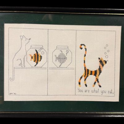 Sale Photo Thumbnail #24: Framed Humorous Cat Cross-Stitch Needlework