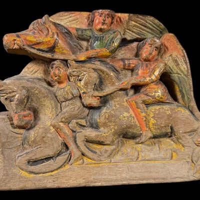 Sale Photo Thumbnail #138: Antique Carved Angelic Horsemen Relief