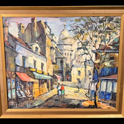 Sale Photo Thumbnail #55: Signed European Street Scene Oil Painting (1962)
