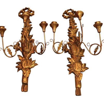 Sale Photo Thumbnail #242: Pair of wooden carved 3 burner candelabra sconces