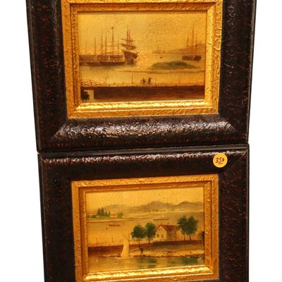 Sale Photo Thumbnail #158: Pair Antique Maritime Miniature Framed Oil Paintings