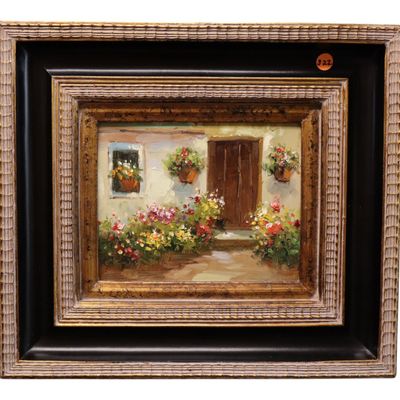 Sale Photo Thumbnail #130: Mediterranean Courtyard Floral Oil Painting Framed