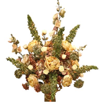 Sale Photo Thumbnail #282: Quality faux floral arrangement in brass double handle vase