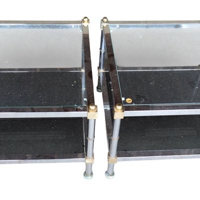 Sale Photo Thumbnail #93: Pair MCM Chrome Brass Smoked Glass 2-Tier Tables