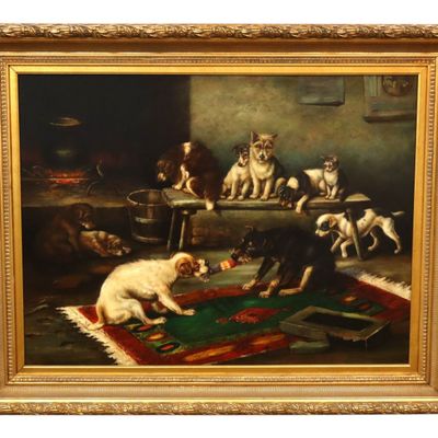 Sale Photo Thumbnail #112: W.H. Trood Oil Painting Dogs Christmas Cracker