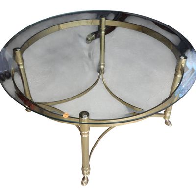 Sale Photo Thumbnail #95: Mid century 35" round glass top brass base cocktail table