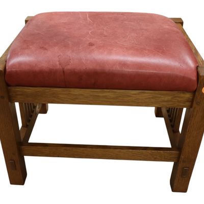 Sale Photo Thumbnail #9: Stickley mission leather oak slat sides footstool