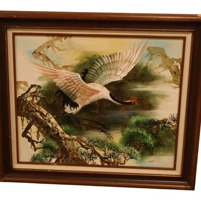 Sale Photo Thumbnail #174: R.Hall Signed Asian Crane Framed Oil Painting