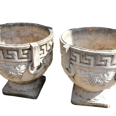 Sale Photo Thumbnail #288: Pair Vintage Cast Concrete Roman Key Grape Urns 24