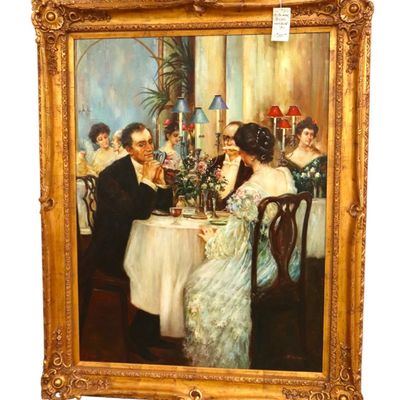 Sale Photo Thumbnail #108: Large Hand-Painted Belle Epoque Dining Oil Painting