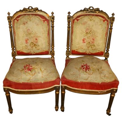 Sale Photo Thumbnail #311: PR antique FR side chairs w/ orig. needlepoint upholstery