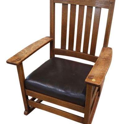 Sale Photo Thumbnail #25: Antique mission oak slatted rocker w/newer uphol.