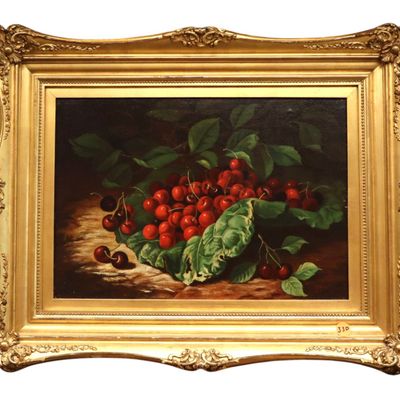 Sale Photo Thumbnail #138: Antique Fruit Still Life Cherries Oil Painting