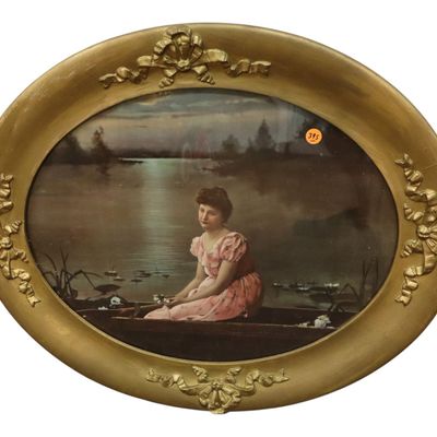 Sale Photo Thumbnail #203: Antique Oval Victorian Print Boat Lily Pads Wavy Glass