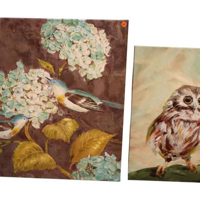 Sale Photo Thumbnail #163: Wrapped oil on Canvases Owl & Birds/Flowers
