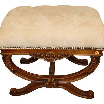 Sale Photo Thumbnail #330: Frontgate Carved Walnut Button-Tuft X-Frame Ottoman