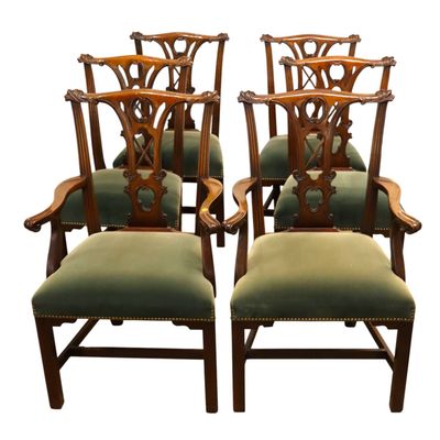 Sale Photo Thumbnail #44: 6 Kindel Mahogany Chippendale Mohair Dining Chairs