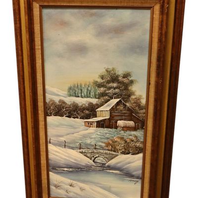 Sale Photo Thumbnail #194: Mid Century Koenig Winter Barn Oil Painting Canvas