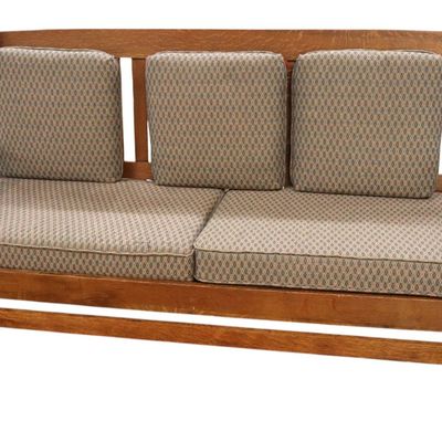 Sale Photo Thumbnail #24: Antique mission oak slatted sofa w/newer uphol.