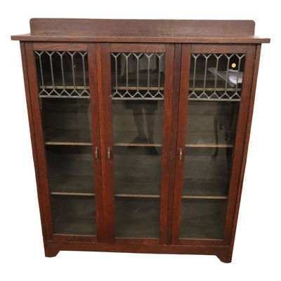 Sale Photo Thumbnail #62: Antique Arts & Crafts Oak 3-Door Leaded Bookcase