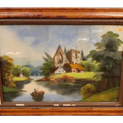 Sale Photo Thumbnail #168: Antique Reverse Painting on Glass River Abbey Scene
