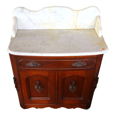 Sale Photo Thumbnail #73: Antique Walnut Victorian Marble Bow Front Washstand