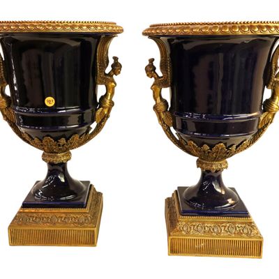 Sale Photo Thumbnail #299: PR French style bronze wrap porcelain urns w/winged ladies